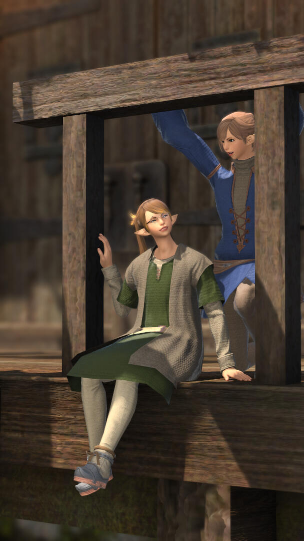 Two young Elezen girls in simple clothing, with blonde and light brown hair, one wearing glasses.