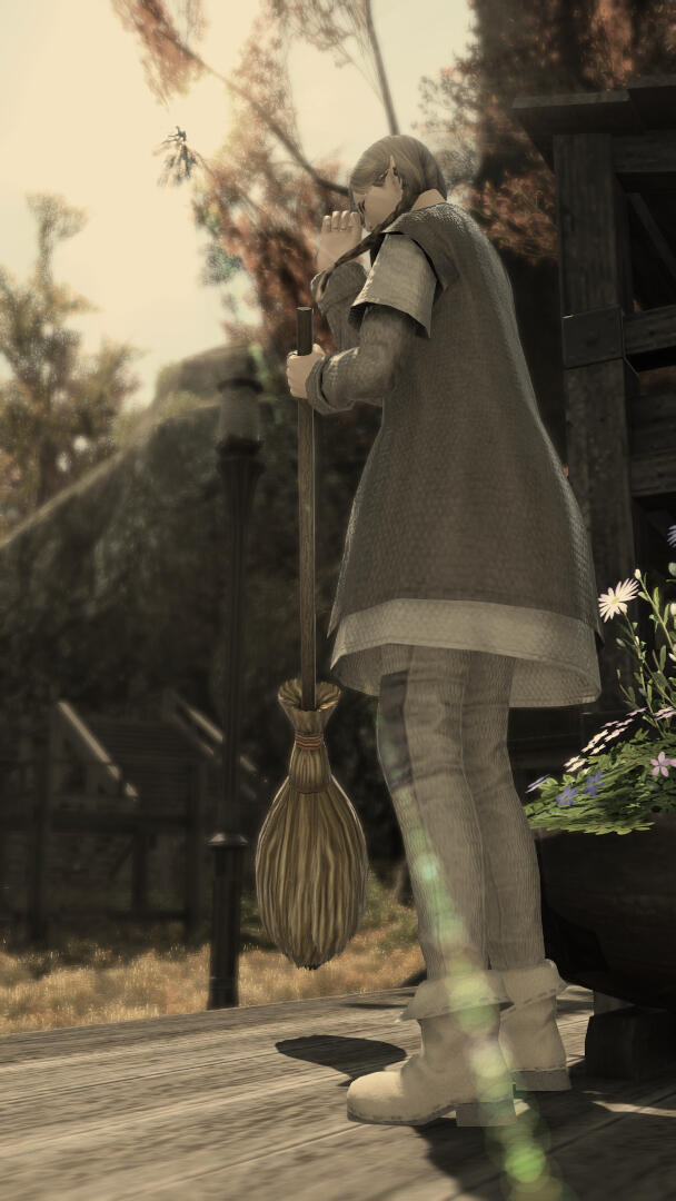 Ariane's Spells Ariane in simple clothing, her hair in two braid, stopped with broom in hand and her other hand to her head as the Echo strikes.